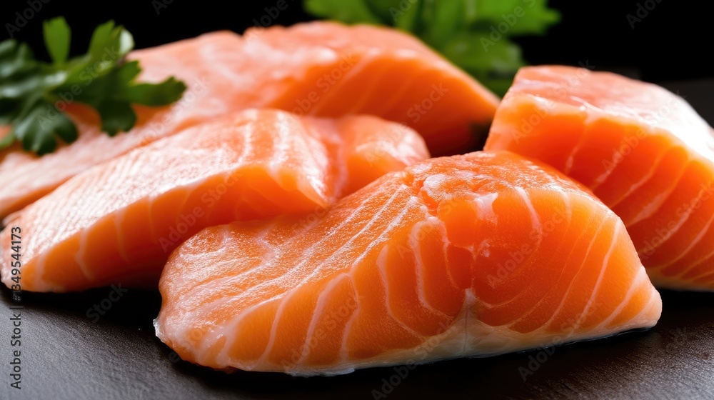 Fresh salmon fillets arranged on a dark surface Fresh salmon fillets arranged on a dark surface