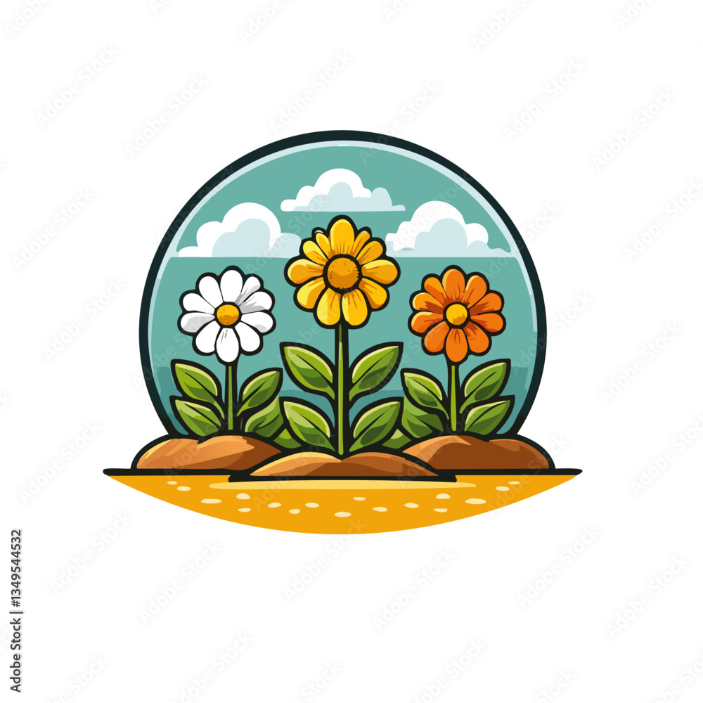 colorful flowers in a bed in the spring vector icon design