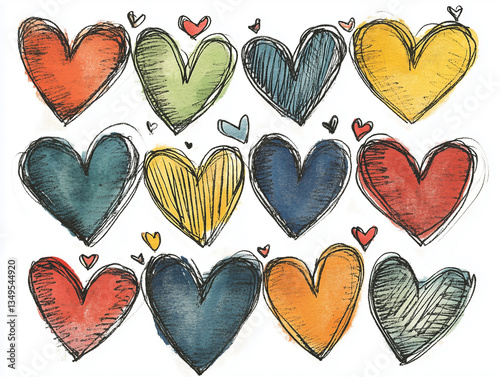 Bright heart-shaped cartoon designs for a dynamic Valentine’s or Women’s Day greeting.