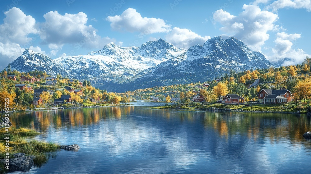 Autumnal lakeside view with snow-capped mountains and houses on colorful slopes Autumnal lakeside view with snow-capped mountains and houses on colorful slopes