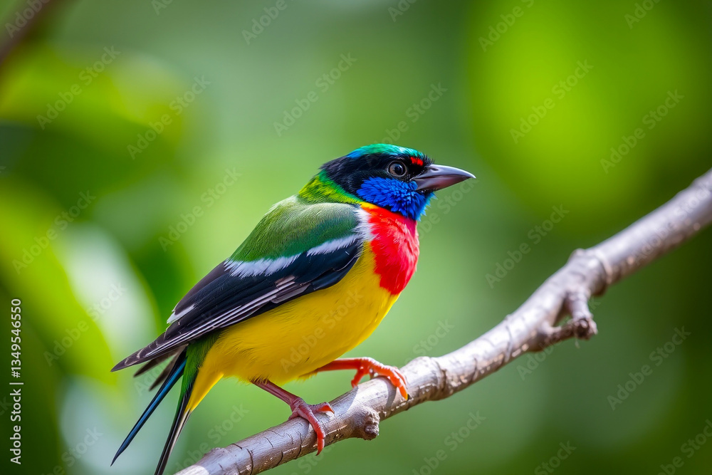 Vibrant Gouldian Finch Perched on a Tree Branch, Showcasing Its Brilliant Colors and Delicate Plumage in a Serene Natural Setting Vibrant Gouldian Finch Perched on a Tree Branch, Showcasing Its Brilliant Colors and Delicate Plumage in a Serene Natural Setting