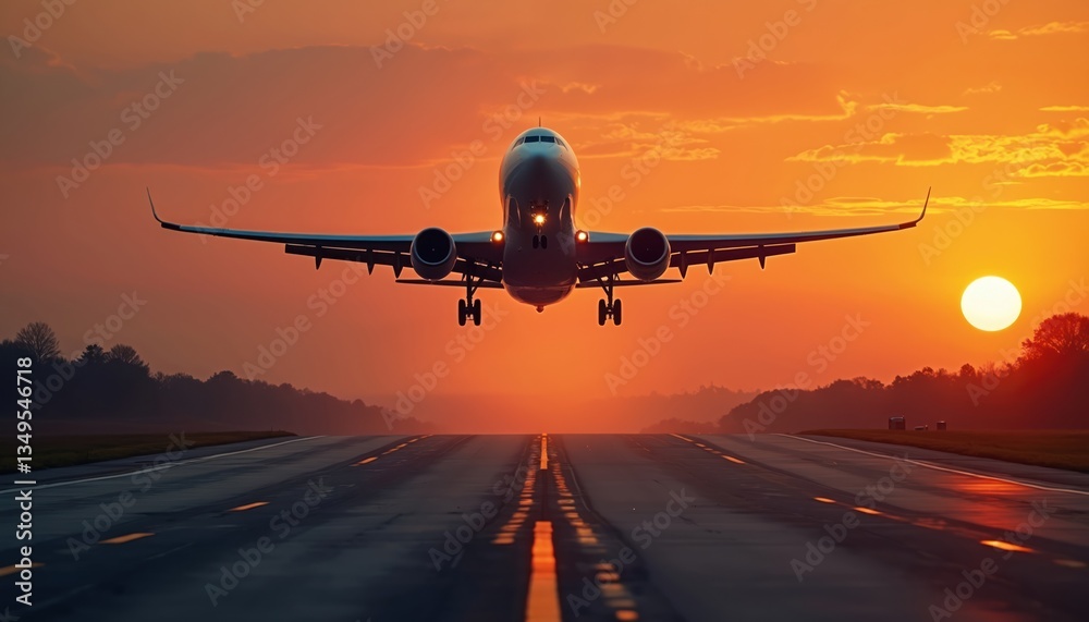 Fototapeta premium Airplane takes off during sunset. Aircraft rising into the sky. Flight to journey. Travel concept. Aerial shot of airplane flying on runway with sun. Scenic view of plane on flight at sunset.