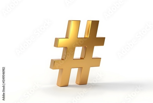 A 3Drendered golden hashtag symbol stands on a white background. Its metallic texture and bold design make it visually appealing. The image is clean and minimalist. 