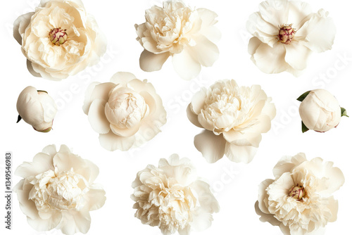 Fototapeta Naklejka Na Ścianę i Meble -  Creamy white peonies, isolated flowers, floral design element, cut out transparent