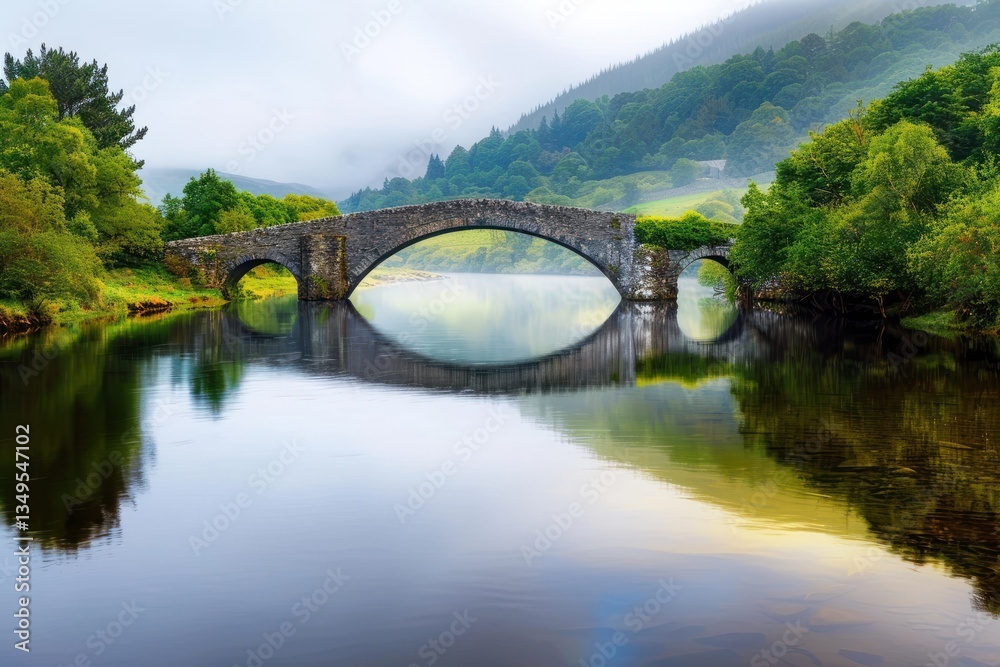Fototapeta premium Stunning Arched Stone Bridge In Lush Greenery