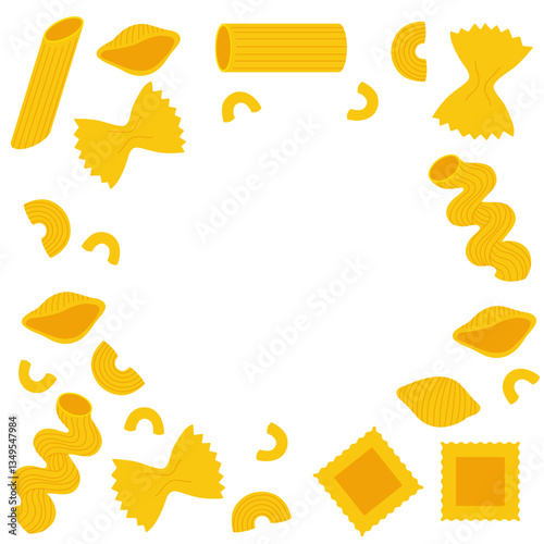 Big set of Italian pasta. Different types of Italian pasta. Spaghetti, Farfalle, penne, rigatoni, ravioli, fusilli,conchiglie, elbows, rotelle. Various noodles types. 