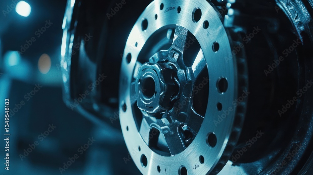 Obraz premium Close-up of a Motorcycle Disc Brake Rotor, showcasing intricate details and mechanical precision. A captivating image of automotive engineering.