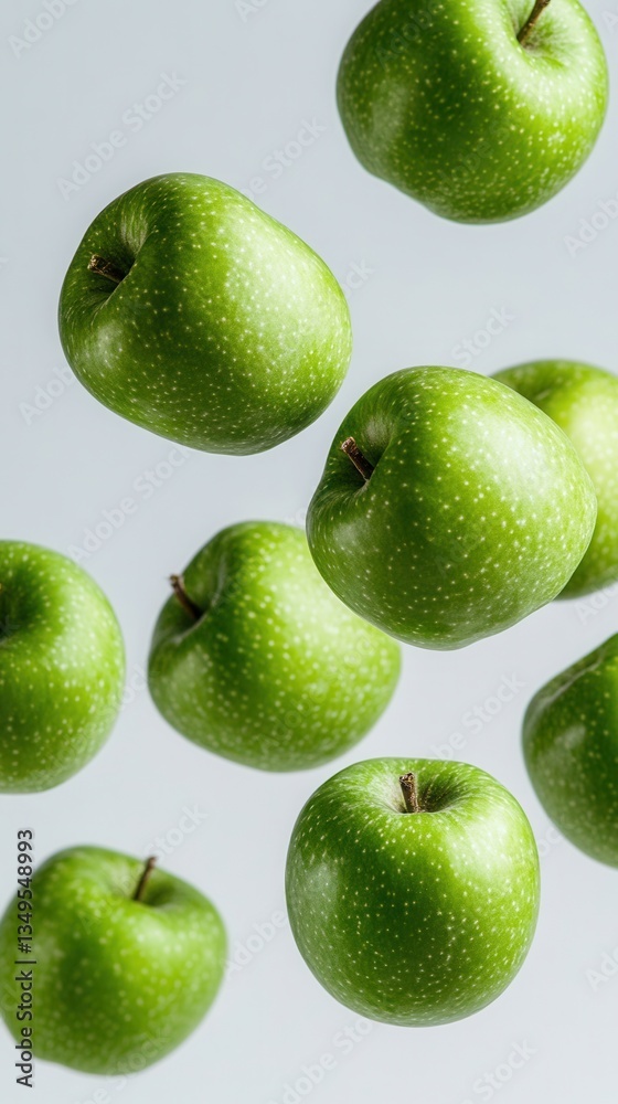 Falling green apples on white background, concept of freshness, vitamins, and healthy eating.
Falling green apples on white background, concept of freshness, vitamins, and healthy eating.