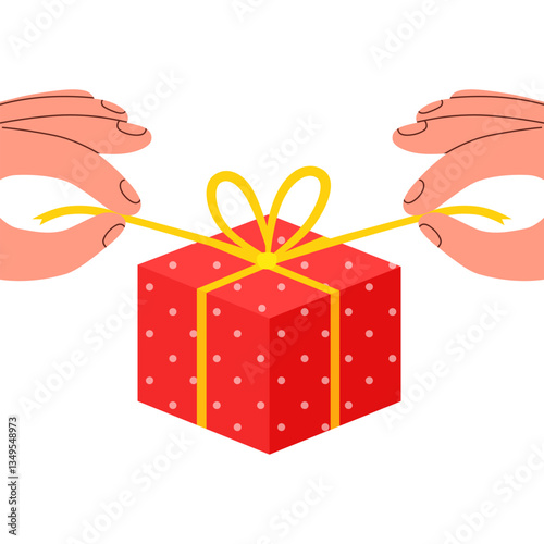 Human hand opens gift.  arm untying ribbon bow on surprise box. Person unpacking present on birthday or some anniversary. Festive or donation concept. Vector illustration