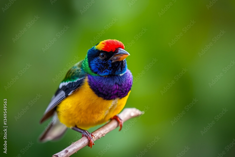 Vibrant Gouldian Finch Perched on a Tree Branch, Showcasing Its Brilliant Colors and Delicate Plumage in a Serene Natural Setting Vibrant Gouldian Finch Perched on a Tree Branch, Showcasing Its Brilliant Colors and Delicate Plumage in a Serene Natural Setting