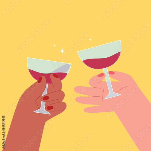 Hands hold glasses of white sparkling or red wine, champagne or cocktail. Cheers vector illustration for greeting card, postcard, placard, invitation, menu design. Friday party. Retro party poster. 