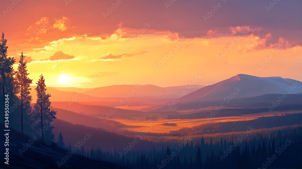 Obraz premium Colorful Mountain Sunset Landscape; Scenic View; Forest and Peaks; Digital Art; Background for Design