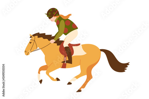 Girl jockey riding a horse, illustrated in a flat design style, with vibrant colors and a dynamic pose