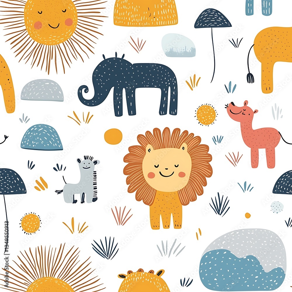 Fototapeta premium Cute African Safari Animals Seamless Pattern.