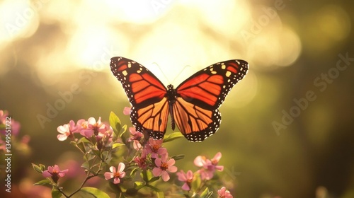 Monarch butterfly perched on flower in garden at sunrise