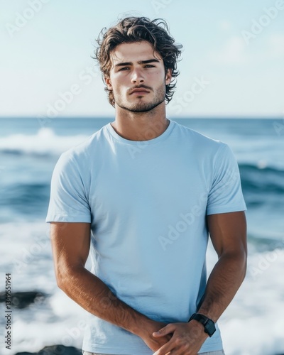Portrait of a Young Man in Light Blue T Shirt by the Ocean