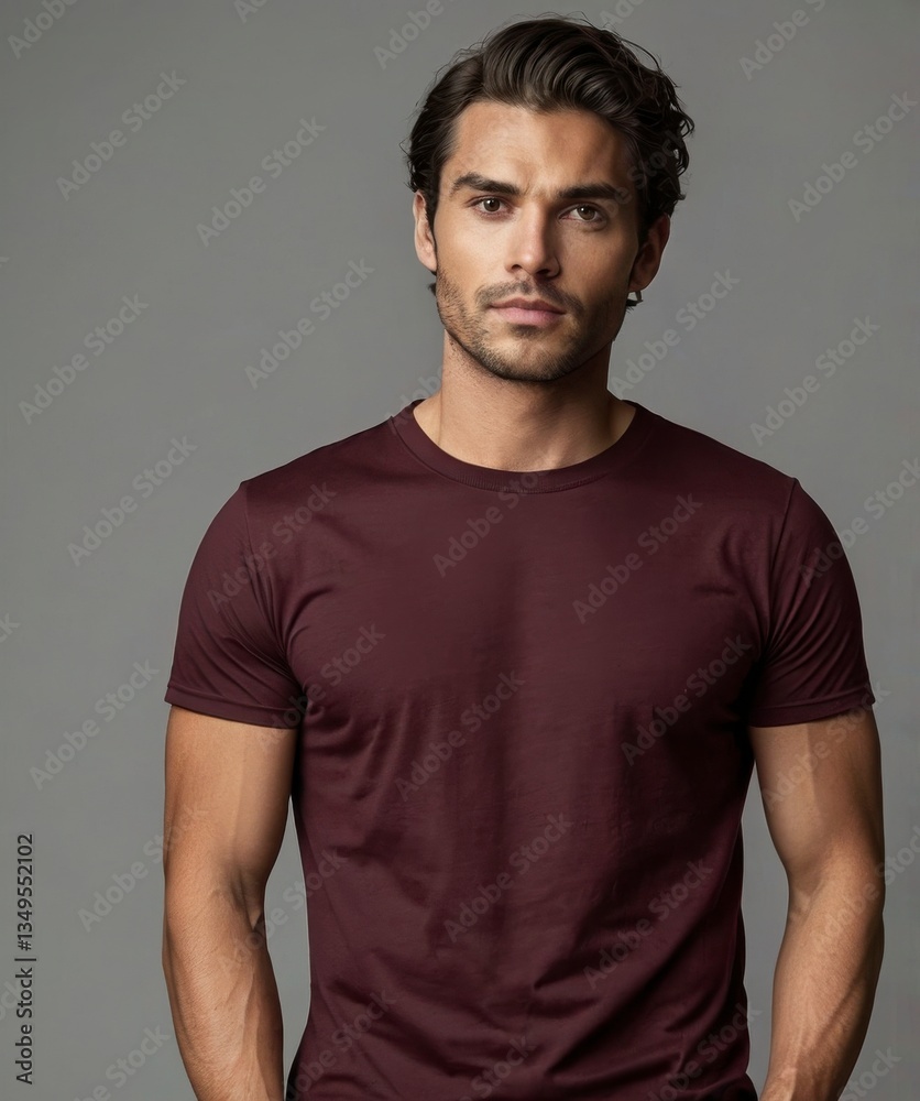 Portrait of a Young Man in Maroon T Shirt Against Gray Background Portrait of a Young Man in Maroon T Shirt Against Gray Background