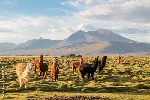 Llama and alpaca herds in the Andes mountain pasture in South America. Domestic animals in Peru. Fluffy furry llamas and alpacas in the wild nature on the green grass and desert soil on high altitude