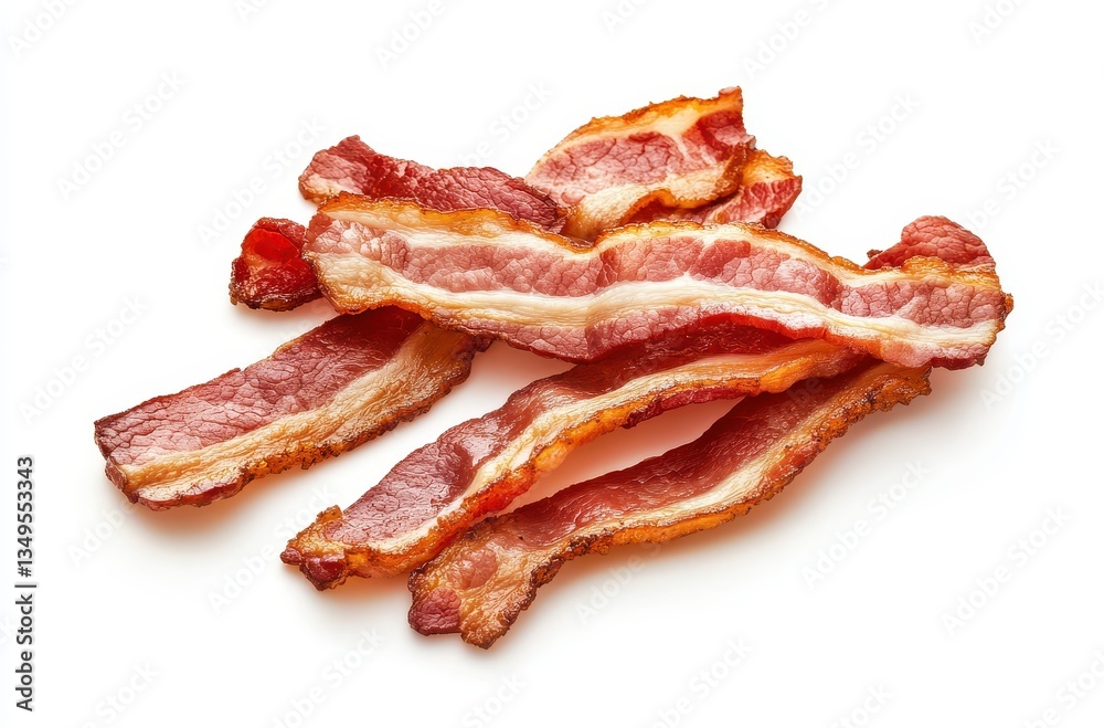 Crispy and Delicious Strips of Cooked Bacon on White Background Ready for Tasty Dishes, Breakfast Plates, and Culinary Creations for Food Lovers Crispy and Delicious Strips of Cooked Bacon on White Background Ready for Tasty Dishes, Breakfast Plates, and Culinary Creations for Food Lovers