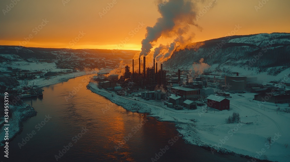 Fototapeta premium Industrial complex by river at winter sunset