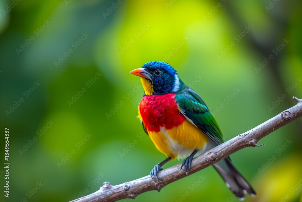 Vibrant Gouldian Finch Perched on a Tree Branch, Showcasing Its Brilliant Colors and Delicate Plumage in a Serene Natural Setting Vibrant Gouldian Finch Perched on a Tree Branch, Showcasing Its Brilliant Colors and Delicate Plumage in a Serene Natural Setting