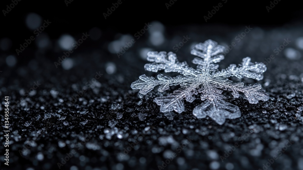 A single snowflake rests on a dark surface, intricate details visible