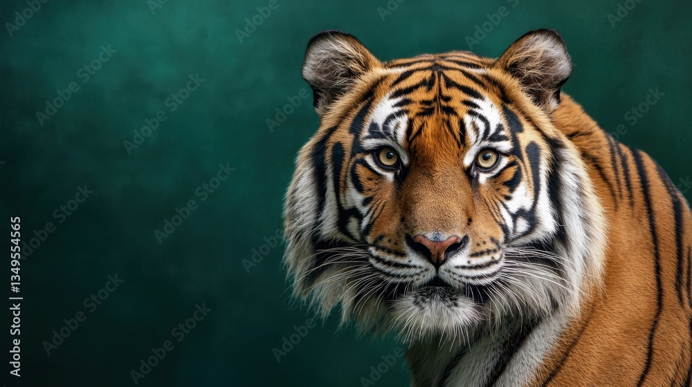 Obraz premium Majestic tiger portrait showcasing detailed features against a deep green background, highlighting the beauty and power of this magnificent wild animal