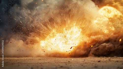 Massive tank explosion sends debris flying in intense fireball, showcasing the sheer power of military warfare in a dramatic setting