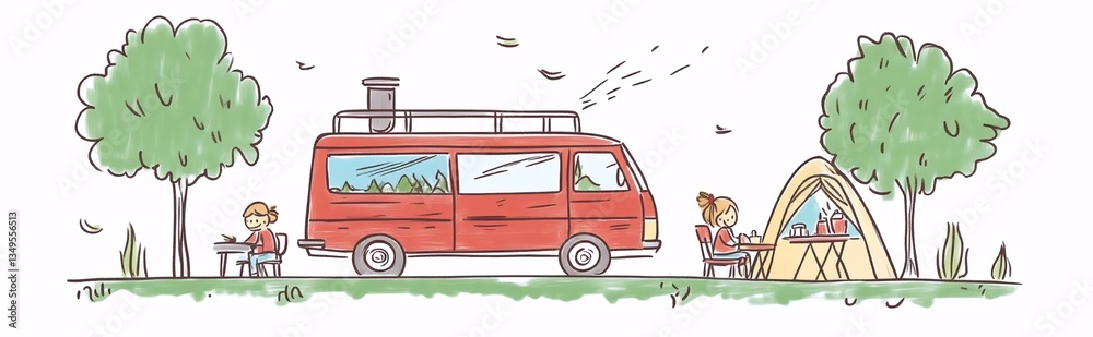 Fototapeta premium Van camping adventure scene with children at campsite