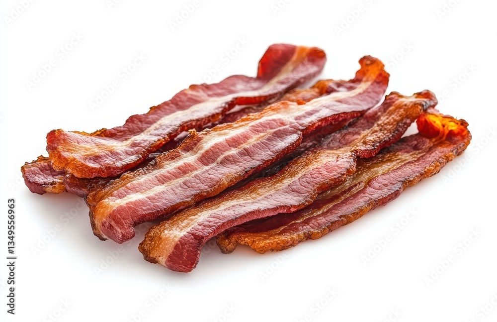 Crispy Bacon Strips Piled on White Background for Delicious Culinary Presentation and Food Photography Use in Recipes or Menu Design Crispy Bacon Strips Piled on White Background for Delicious Culinary Presentation and Food Photography Use in Recipes or Menu Design