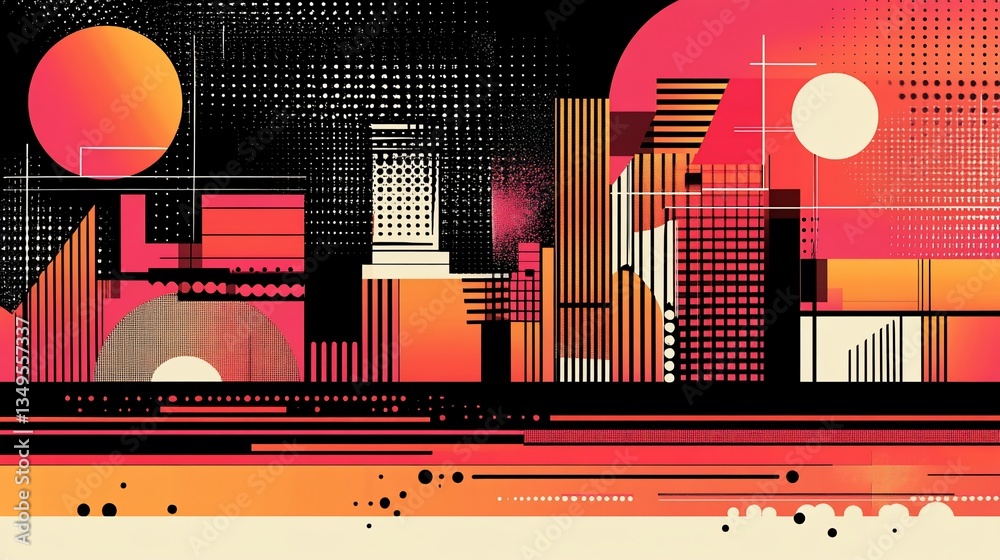 Fototapeta premium Abstract Geometric Cityscape with Retro Gradient and Halftone Elements