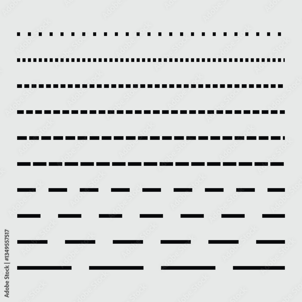Obraz premium Set of dashed straight lines of different styles. Vector design elements. Set Element simple divider. black dashed line set collection isolated on grey background. Eps file 13.