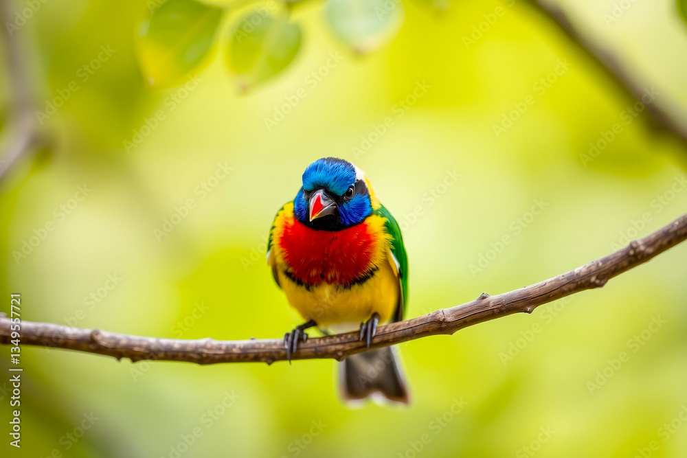 Vibrant Gouldian Finch Perched on a Tree Branch, Showcasing Its Brilliant Colors and Delicate Plumage in a Serene Natural Setting Vibrant Gouldian Finch Perched on a Tree Branch, Showcasing Its Brilliant Colors and Delicate Plumage in a Serene Natural Setting