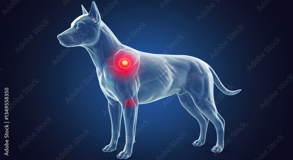 Dog anatomy with highlighted shoulder and leg joint pain on blue Dog anatomy with highlighted shoulder and leg joint pain on blue