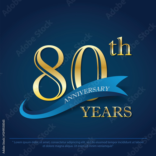 80th years anniversary celebration emblem. elegance golden anniversary logo isolated with blue ribbon on dark blue background, vector illustration template design for celebration greeting card