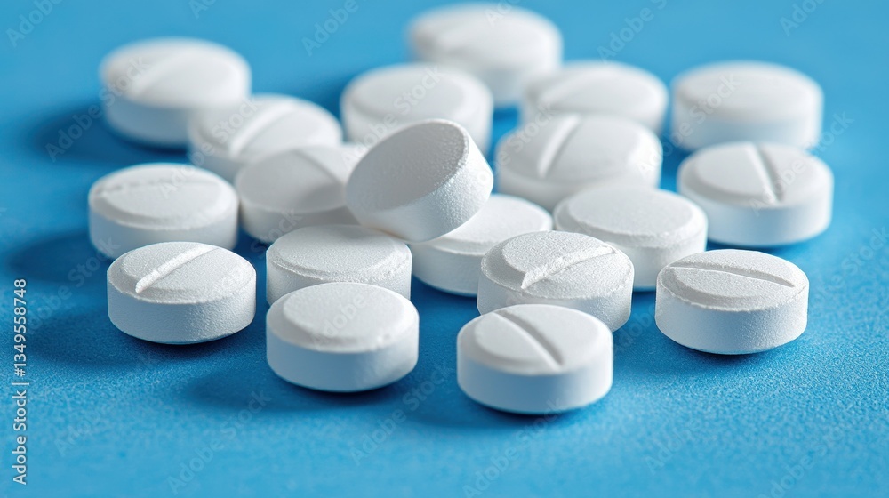 Pile of white pills or medication, isolated on a solid blue background Pile of white pills or medication, isolated on a solid blue background