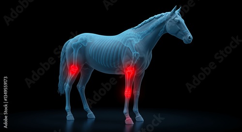 Horse skeletal system xray with joint inflammation highlighted in red