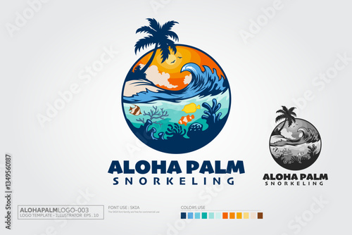 Aloha Palm Vector Logo Illustration. This Logo Template, Water ocean waves with Palm tree, wave, snorkeling, fish and reef concept, for beach snorkeling, hoteling and restaurant.