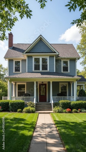 Large blue house with a red door and a chimney. The house has a porch with a walkway leading to it. The house is surrounded by a lush green lawn