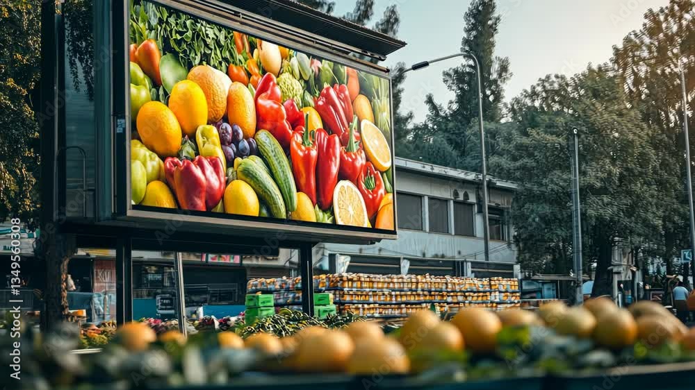 A promotional billboard showcasing a supermarket's loyalty program benefits digital