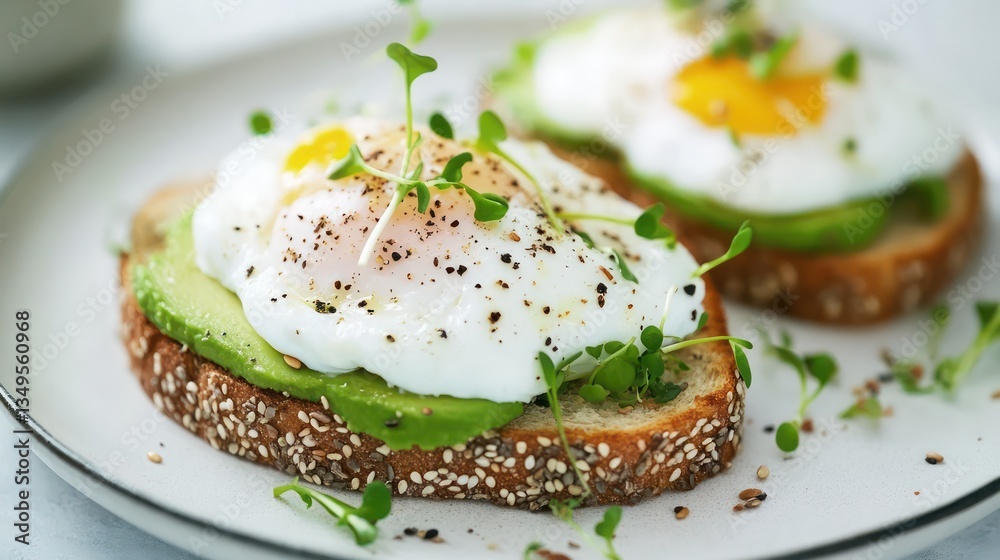 Avocado toast with poached eggs, microgreens. Healthy breakfast Avocado toast with poached eggs, microgreens. Healthy breakfast
