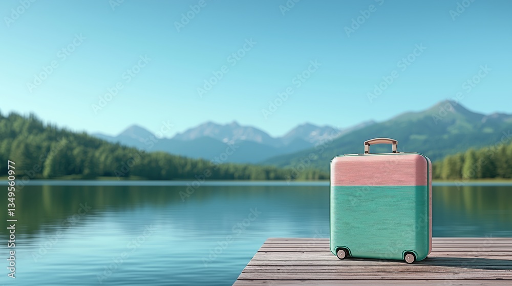 A colorful suitcase sitting on a wooden dock overlooking a tranquil lake A colorful suitcase sitting on a wooden dock overlooking a tranquil lake
