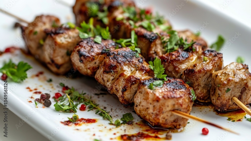 An artistic layout of marinated skewers arranged neatly on a white plate, with fresh herbs and spices sprinkled around for a gourmet touch. An artistic layout of marinated skewers arranged neatly on a white plate, with fresh herbs and spices sprinkled around for a gourmet touch.