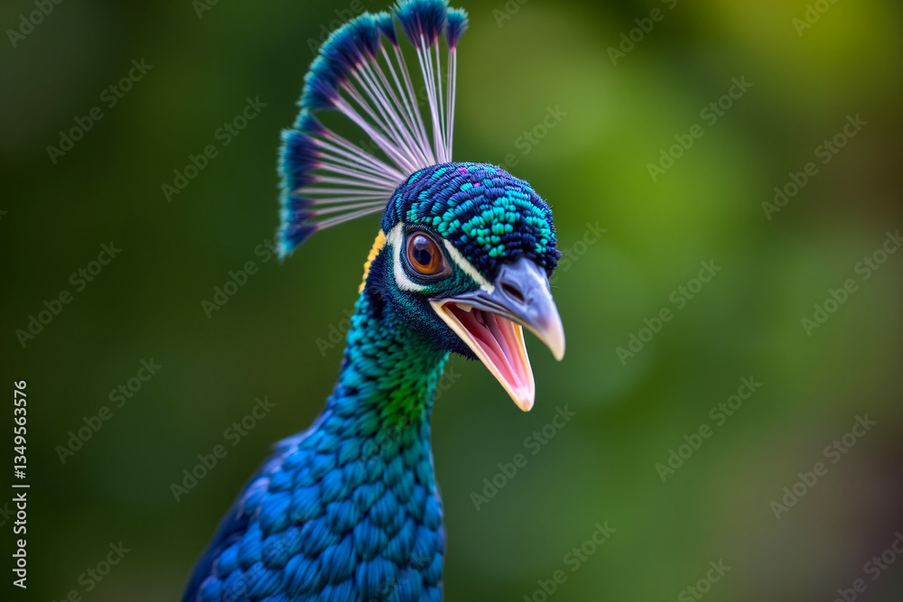Naklejka premium Vibrant Indian Peafowl Bird Displaying Its Stunning Plumage in a Majestic Natural Setting, Showcasing the Beauty and Elegance of the Peacock