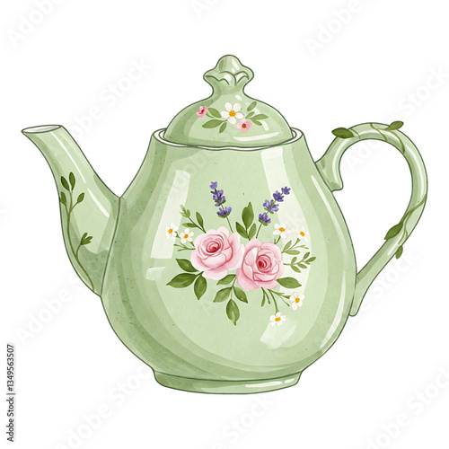 Soft Green Flowery Teapot Illustration. A delicate watercolor vector illustration of a soft green teapot adorned with elegant flowers, blending vintage charm and natural beauty