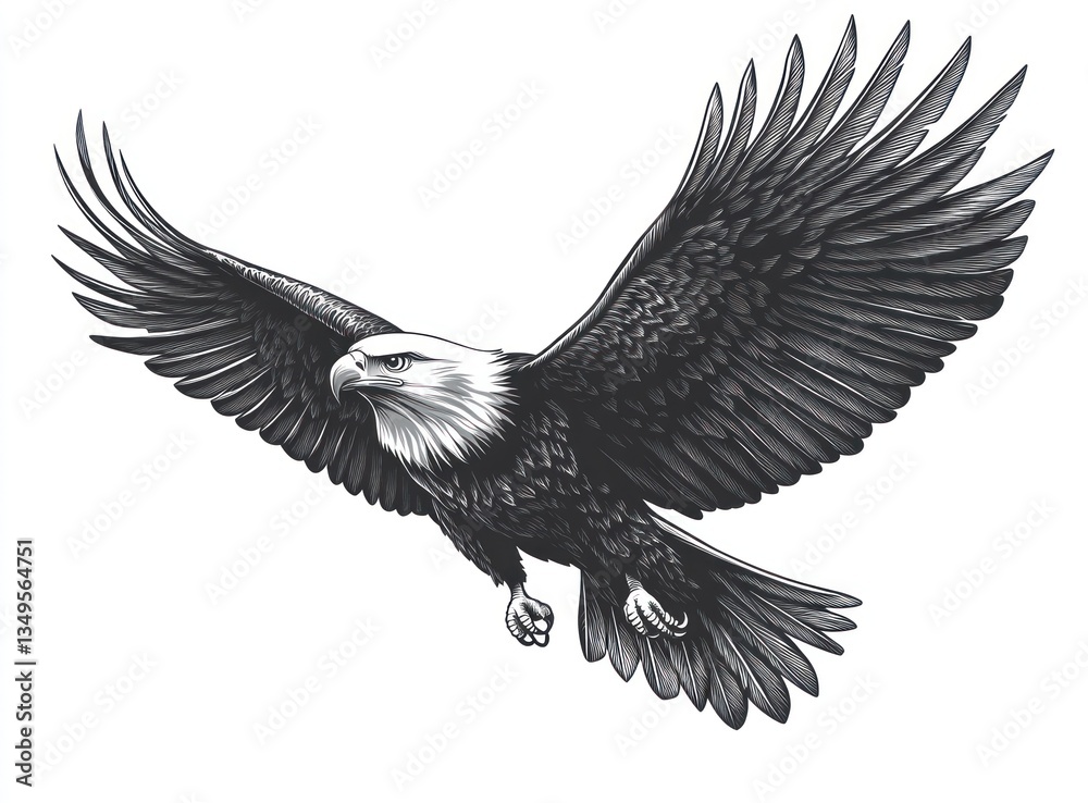 Obraz premium Monochrome eagle in flight against a blank background; graphic design element