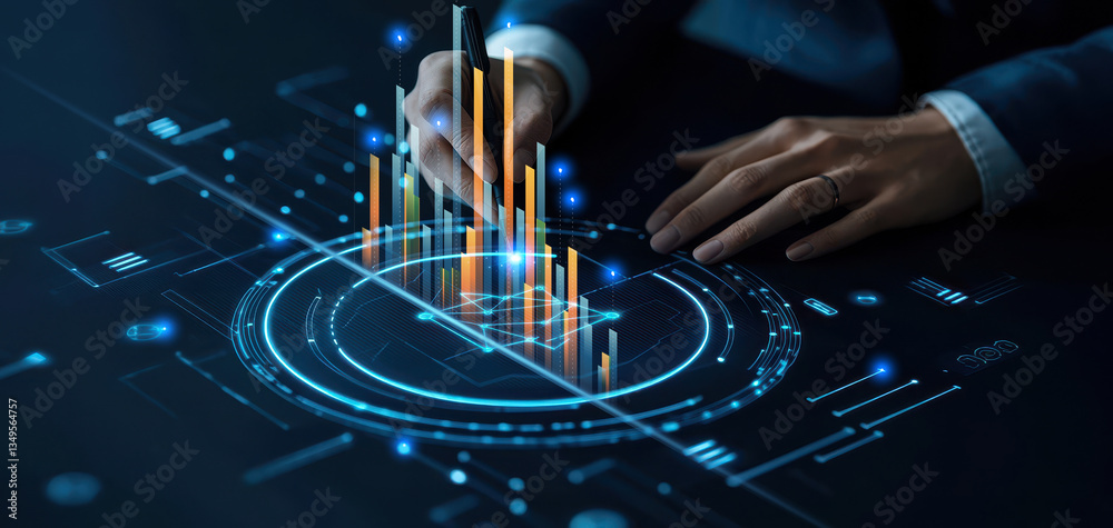 Professional analyst working with machine learning algorithms to forecast trends, surrounded by futuristic digital charts and data points, showcasing high quality technology