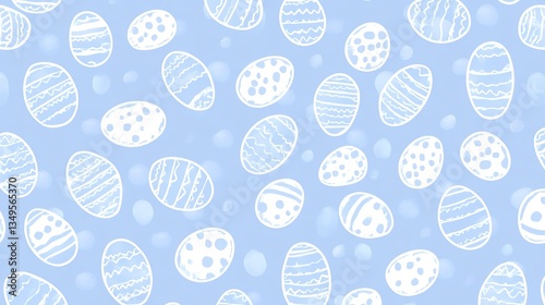 Geometric Easter egg pattern in white outlines against soft blue seamless background. Flat vector design with precise linework, high-resolution details, and zero shading, optimized for fabric printing