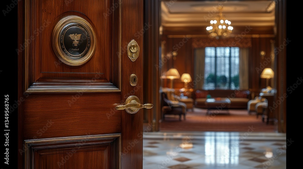 Obraz premium Luxury wooden door opening to a grand living room