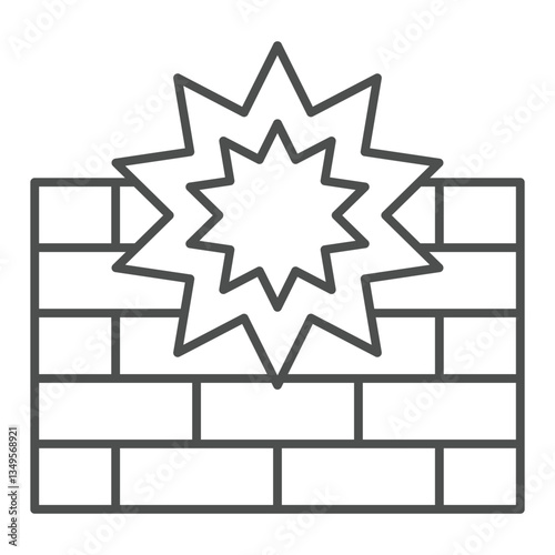 Explosion at brick wall thin line icon, hacker attacks concept. Vector graphics. Firewall attack, virus protection sign on white background, outline style icon for mobile or web design.